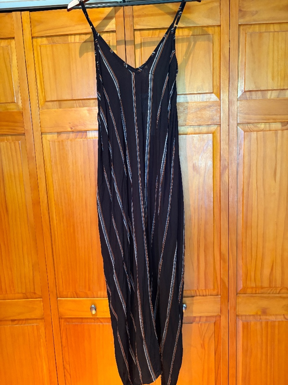 NWT Elan Maxi Spaghetti Strap Dress Black with Orange & White Stripes Size Small